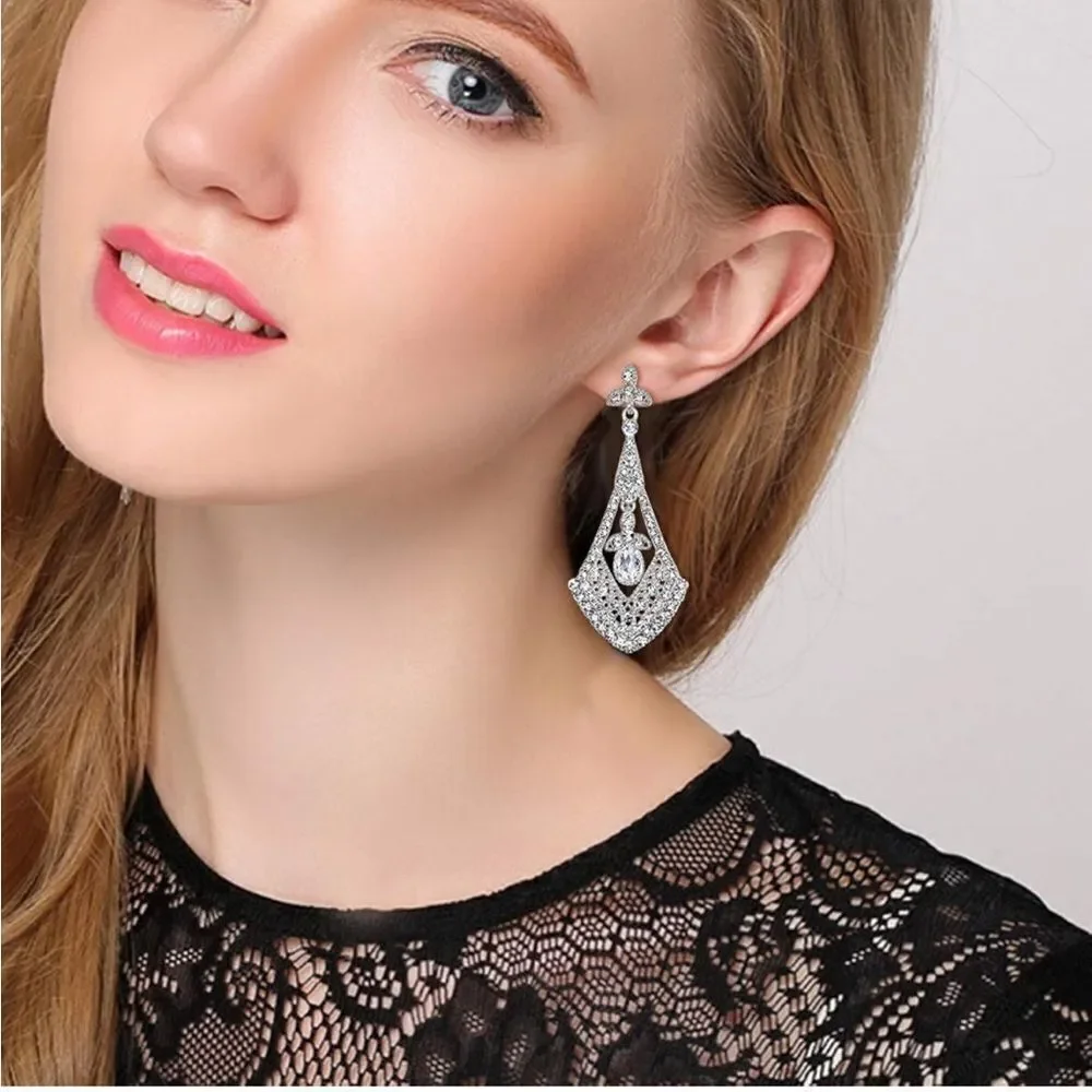 Silver with White Diamond Crystal Art Deco Rhombus Chandelier Post Back Earrings
